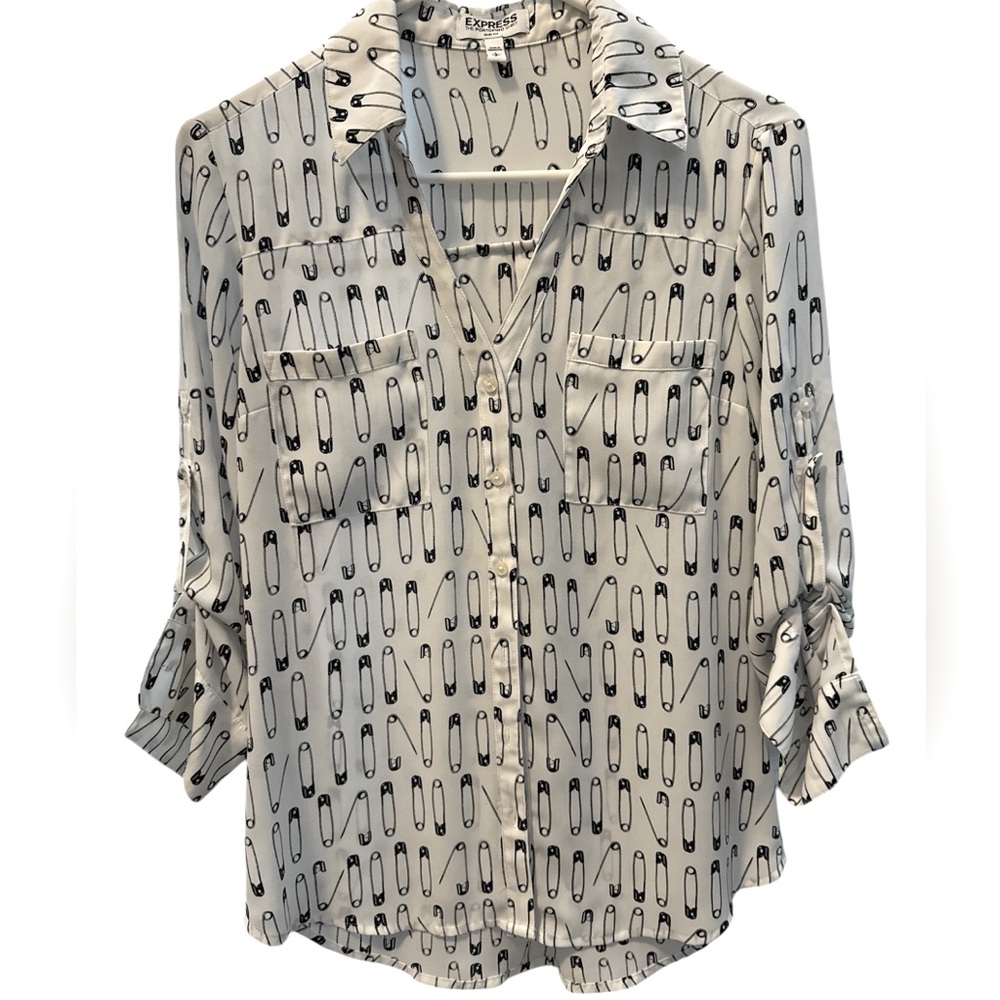 Express White and Black Cuffed Sleeve Button Down Shirt